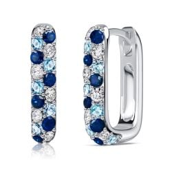 Italo Rectangle Micro Pave Blue Sapphire Aquamarine Hoop Earrings For Women