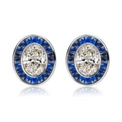 Italo Art Deco Oval Cut Blue Sapphire Stud Earrings For Women