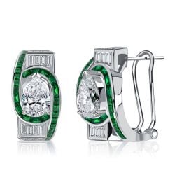Italo Art Deco Pear Cut Emerald Sapphire Sterling Silver Hoop Earrings