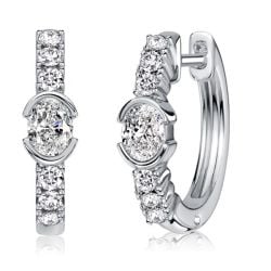 Italo Half Bezel Oval Cut White Sapphire Hoop Earrings For Women