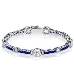 Milgrain Cushion White & Blue Sapphire Tennis Bracelet In Silver