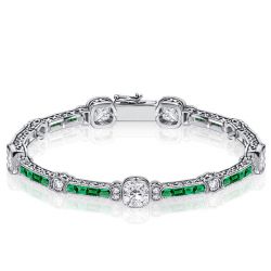 Milgrain White & Emerald Tennis Bracelet In Sterling Silver