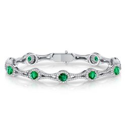 Italo Halo Round Cut Emerald Green Bracelet In Sterling Silver