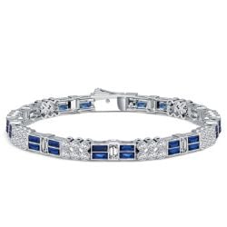 Italo Milgrain Bezel Round & Baguette Cut Blue Sapphire Tennis Bracelet For Women