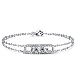 Italo Bezel Set Three Stone Decorated Double Chain Bracelet For Women