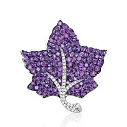 Italo Pave Setting Amethyst Leaf Brooch In Sterling Silver