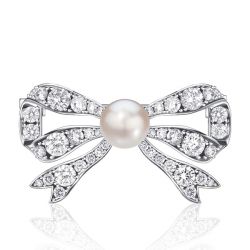 Italo Pearl & White Sapphire Bow Brooch In Sterling Silver