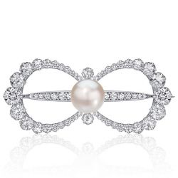 Italo Pearl & White Sapphire Bow Brooch Antique Vintage Brooch