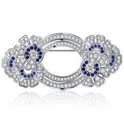 Italo Double Circle Round Cut White & Blue Sapphire Vintage Brooch For Women