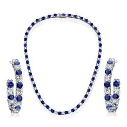 Italo White & Blue Sapphire Tennis Necklace & Hoop Earrings Set
