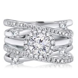 Italo Halo Round Cut Engagement Rings Sets In Sterling Silver