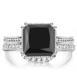 Double Prong Princess Created Black Diamond Bridal Set