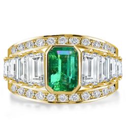 Golden Bezel Emerald Cut Emerald Sapphire Wedding Ring Set