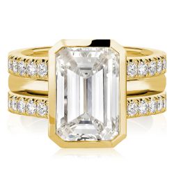 Golden Bezel Setting Emerald Cut 3PC Wedding Ring Set