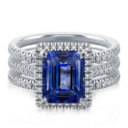 Italo Classic Halo Emerald Cut Blue Sapphire 3PC Wedding Set