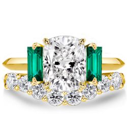 Italo Three Stone Cushion Cut White & Emerald Bridal Set