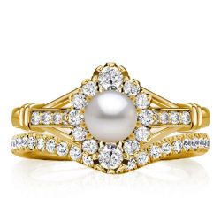 Vintage Halo Pearl Round Cut Wedding Sets Bridal Set