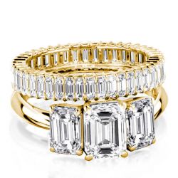Golden Solitaire Eternity 3 Stone Emerald Bridal Set For Women