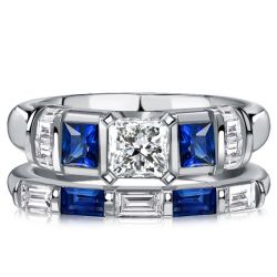 Italo Princess Cut Blue Sapphire Bridal Set Wedding Rings