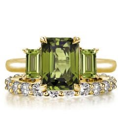 Italo Golden Peridot Emerald Cut Three Stone Engagement Ring Sets