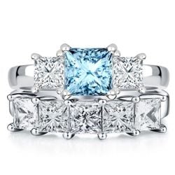 Italo Princess Cut Aquamarine Three Stone Engagement Ring Sets