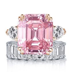 White & Pink Sapphire Emerald Cut Three Stone Bridal Set