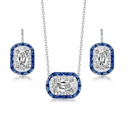 Double Halo Cushion Cut Pendant Necklace & Earrings Set