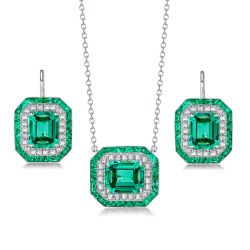  Halo Emerald Sapphire Pendant Necklace & Drop Earrings Set