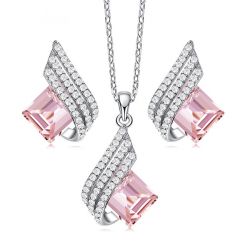Emerald Cut Created Pink Sapphire Necklace & Earrings Set Jewelry Set