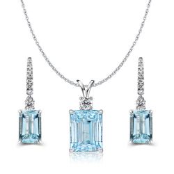 Aquamarine Sapphire Emerald Cut Necklace & Drop Earrings Set