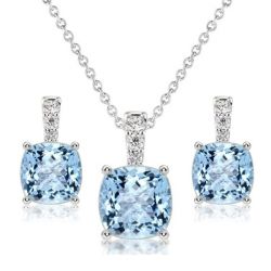 Italo Aquamarine Sapphire Cushion Cut Necklace & Earrings Set