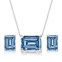 Italo Emerald Cut Blue Topaz Necklace & Stud Earrings Set