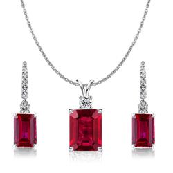 Italo Ruby Sapphire Emerald Cut Necklace & Drop Earrings Set