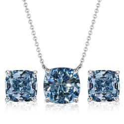 Italo Solitaire Cushion Cut Blue Topaz Earrings & Necklace Set