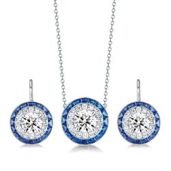 Italo Halo White & Blue Sapphire Necklace & Drop Earrings Set