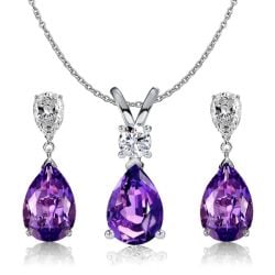 Italo Pear Cut Amethyst Drop Earrings & Necklace Jewelry Set