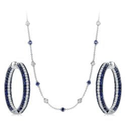 Italo Secure Round Cut White & Blue Sapphire Hoop Earrings & Necklace Jewelry Set