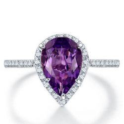Halo Pear Created Amethyst Engagement Ring