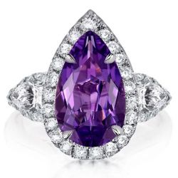 Pear Halo Three Stone Created Amethyst Engagement Ring
