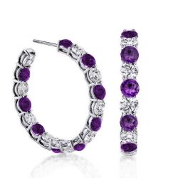 Alternating White & Amythyst Round Cut Hoop Earrings