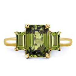 Three Stone Emerald Cut Peridot Engagement Ring