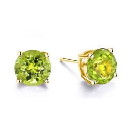 Golden Round Cut Peridot Stud Earrings In Sterling Silver