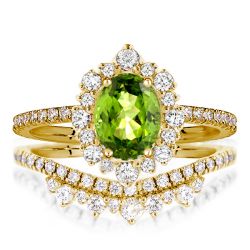 Golden Halo Oval Cut Peridot Wedding Ring Set For Women