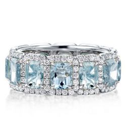 Italo Aquamarine Ring Cushion Cut Eternity Wedding Band For Women