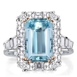 Halo Two Tone Emerald Cut Auqmarine Engagement Ring
