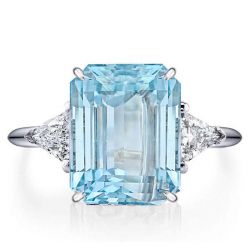  Emerald Cut Sterling Silver Three Stone Engagement Ring Aquamarine Ring
