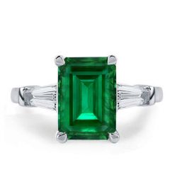 Three Stone Emerald Cut Emerald Green Engagement Ring