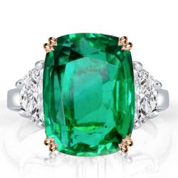 Three Stone Green Cushion Engagement Ring