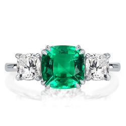 Double Prong Three Stone Green Cushion Cut Engagement Ring