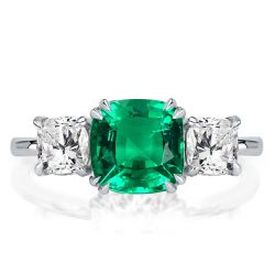 Double Prong Three Stone Emerald Green Cushion Cut Engagement Ring